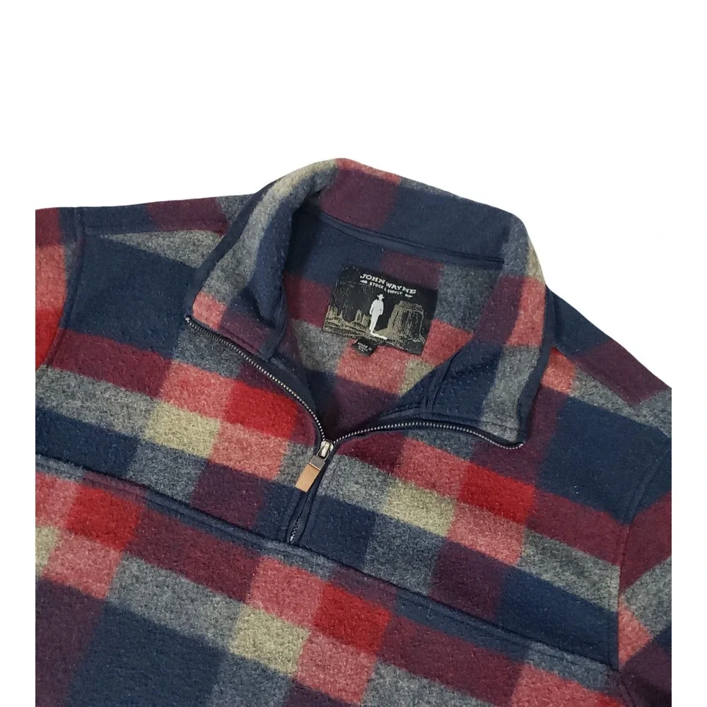 John Wayne Stock & Supply Mens XL Plaid Quarter Zip Fleece Pullover Navy Red